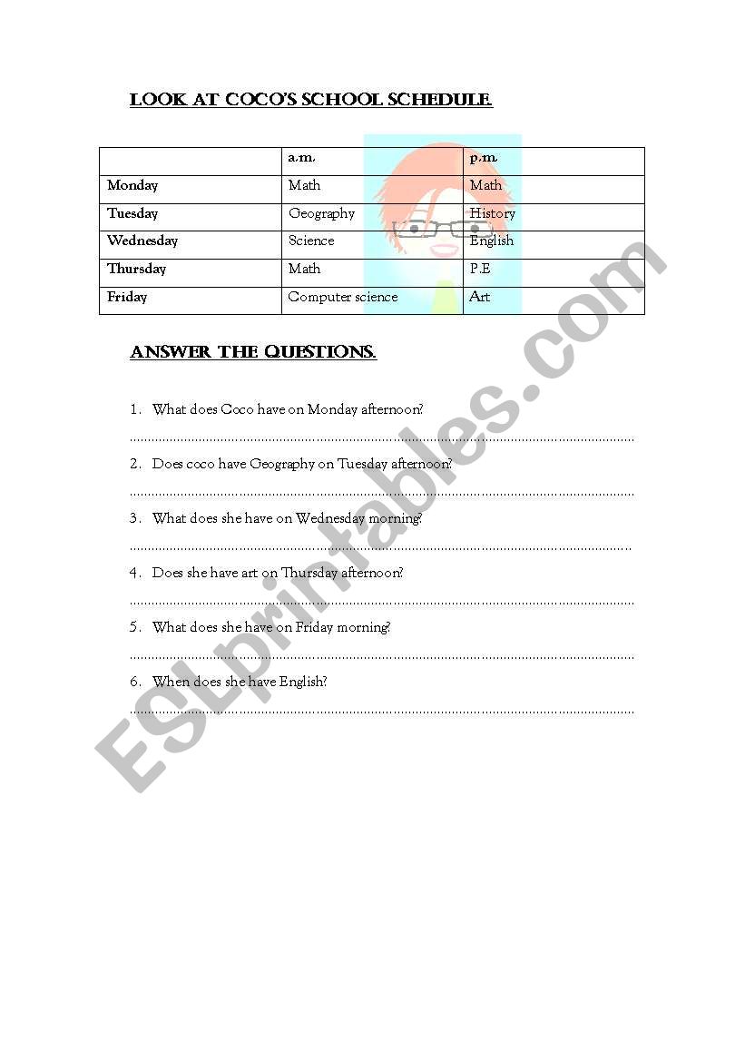 Coco`s schedule worksheet